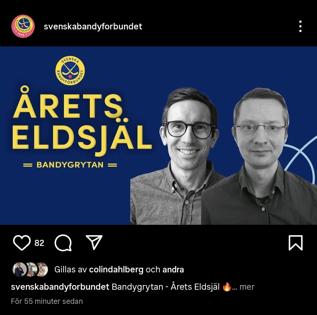 Det här är inget annat en helt rätt. Mycket välförtjänt <a href="/bandygrytan/">Bandygrytan</a>! 
Ett gott tillfälle att tipsa alla bandyälskare där ute att visa sin uppskattning till Fredrik och Gustaf genom att stötta dom bäst ni kan. Läs mer hur ni kan det på bandygrytan.se/#/about
#svbandy