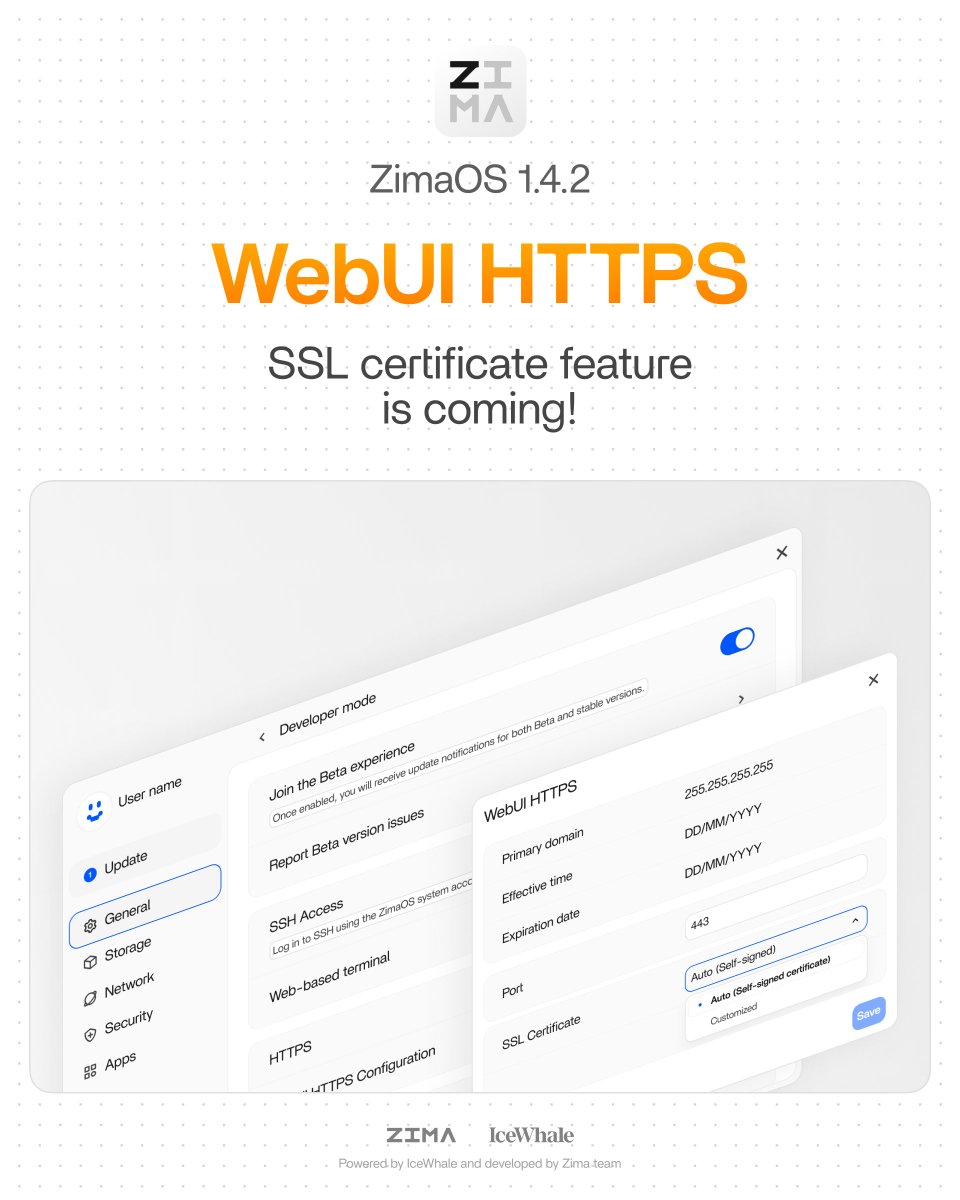 ZimaSpace's tweet photo. ๐ ZimaOS 1.4.2 Preview:
HTTPS is in the queue,
Safer access just for you. ๐
Self-hosted dreams coming true,
Private, fast, and clean like new. ๐จโจ
Stay tuned โ weโre not yet through. ๐
#ZimaOS #HTTPS #NAS #SelfHosted #UpdatePreview https://t.co/n6OntgKKYW