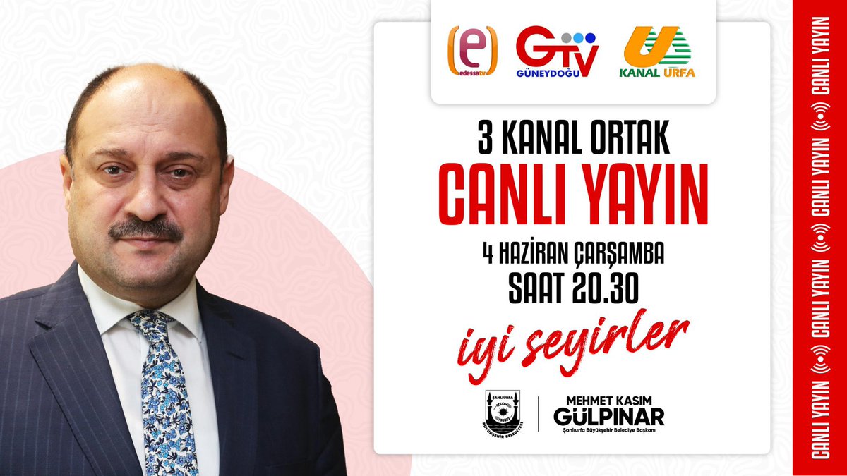Şanlıurfa Büyükşehir Belediye Başkanımız Mehmet Kasım Gülpınar ortak canlı yayında yerel kanallarımızın konuğu oluyor. İyi seyirler dileriz.

🗓 Tarih: 4 Haziran 2025, Çarşamba
🕚 Saat: 20.30
📺 Ortak Canlı Yayın: Edessa TV, Güneydoğu TV, Kanal Urfa