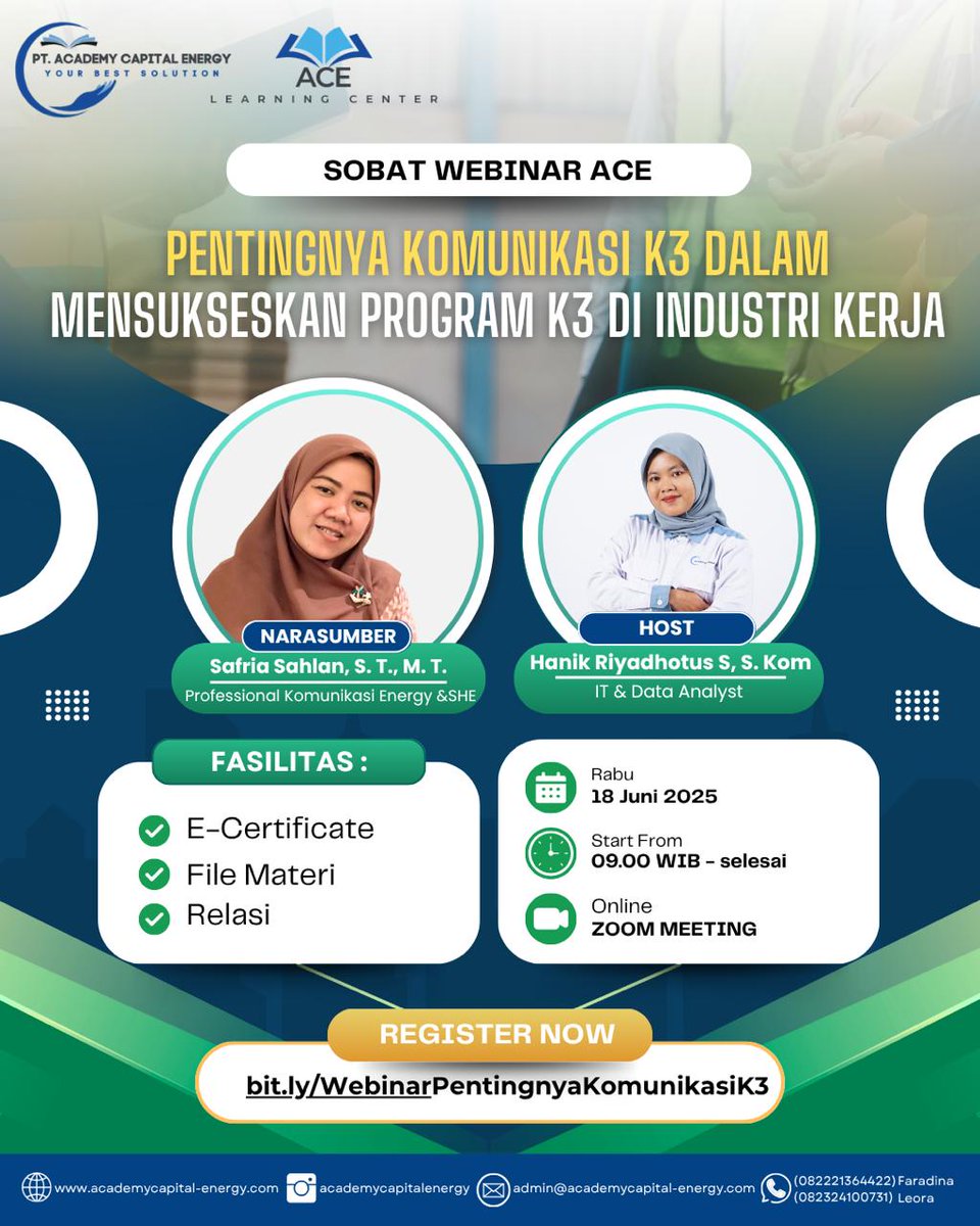 WEBINAR : PENTINGNYA KOMUNIKASI K3 DALAM MENSUKSESKAN PROGRAM K3 DI INDUSTRI KERJA

Pendaftaran : bit.ly/WebinarPenting…

Sertifikat Gratis