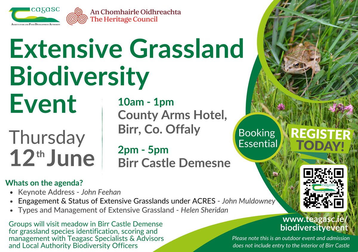 @TeagascMayo (@teagascmayo) on Twitter photo Teagasc, in collaboration with The Heritage Council will hold an Extensive Grassland Biodiversity Event on Thursday 12 June from 10am - 5pm in County Arms Hotel and Birr Castle Demesne, Co. Offaly.
Pre-booking is essential, so register on teagasc.ie/biodiversityev…
<a href="/TeagascEnviron/">Teagasc Environment</a> Teagasc, in collaboration with The Heritage Council will hold an Extensive Grassland Biodiversity Event on Thursday 12 June from 10am - 5pm in County Arms Hotel and Birr Castle Demesne, Co. Offaly.
Pre-booking is essential, so register on teagasc.ie/biodiversityev…
<a href="/TeagascEnviron/">Teagasc Environment</a>