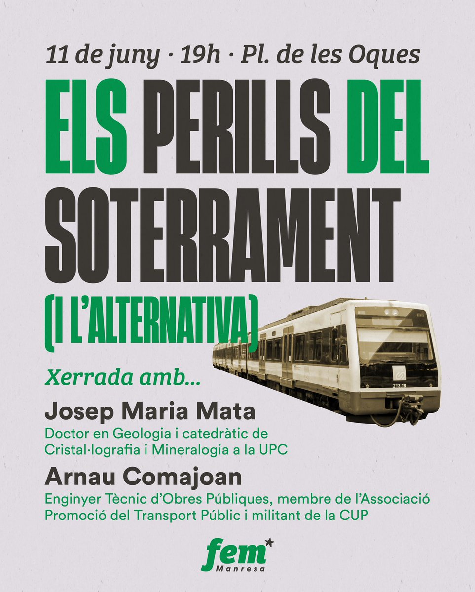 📢 ELS PERILLS DEL SOTERRAMENT

Quins riscos té el soterrament innecessari dels Ferrocarrils a #Manresa? A quines alternatives es podrien dedicar els 36 milions d'euros previstos per millorar de veritat la mobilitat?

‼️L'11 de juny, a les 19h, en parlarem amb experts.👇🏻
