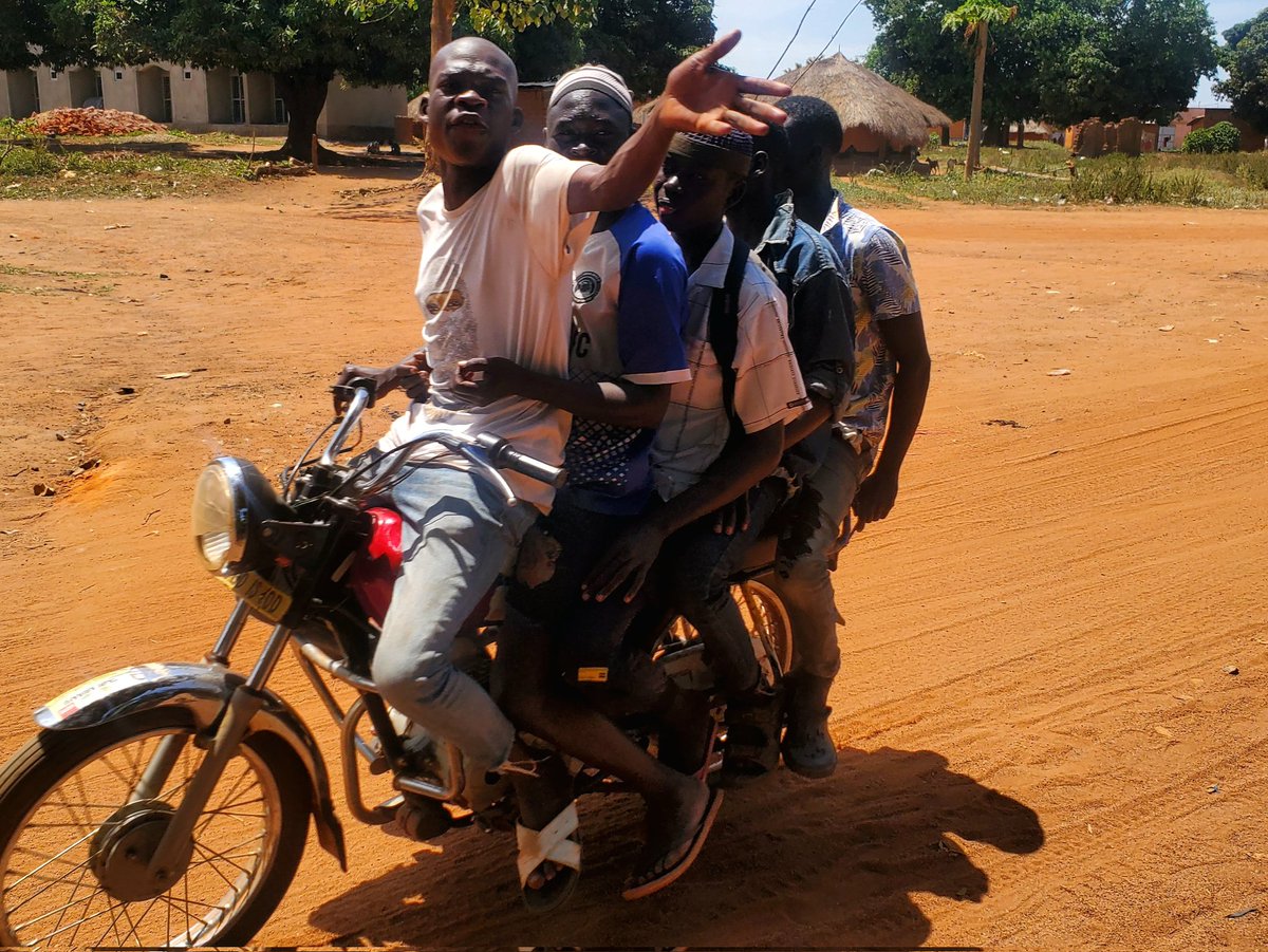 🚨Overloading Alert! 😱 This boda boda is carrying FOUR passengers &amp; no side mirrors! Picture taken in Yumbe district , 😳 this is a recipe for disaster on our roads. Should we attribute this to passengers wanting to save?. Young men risking it all. 
 This is a clear indication