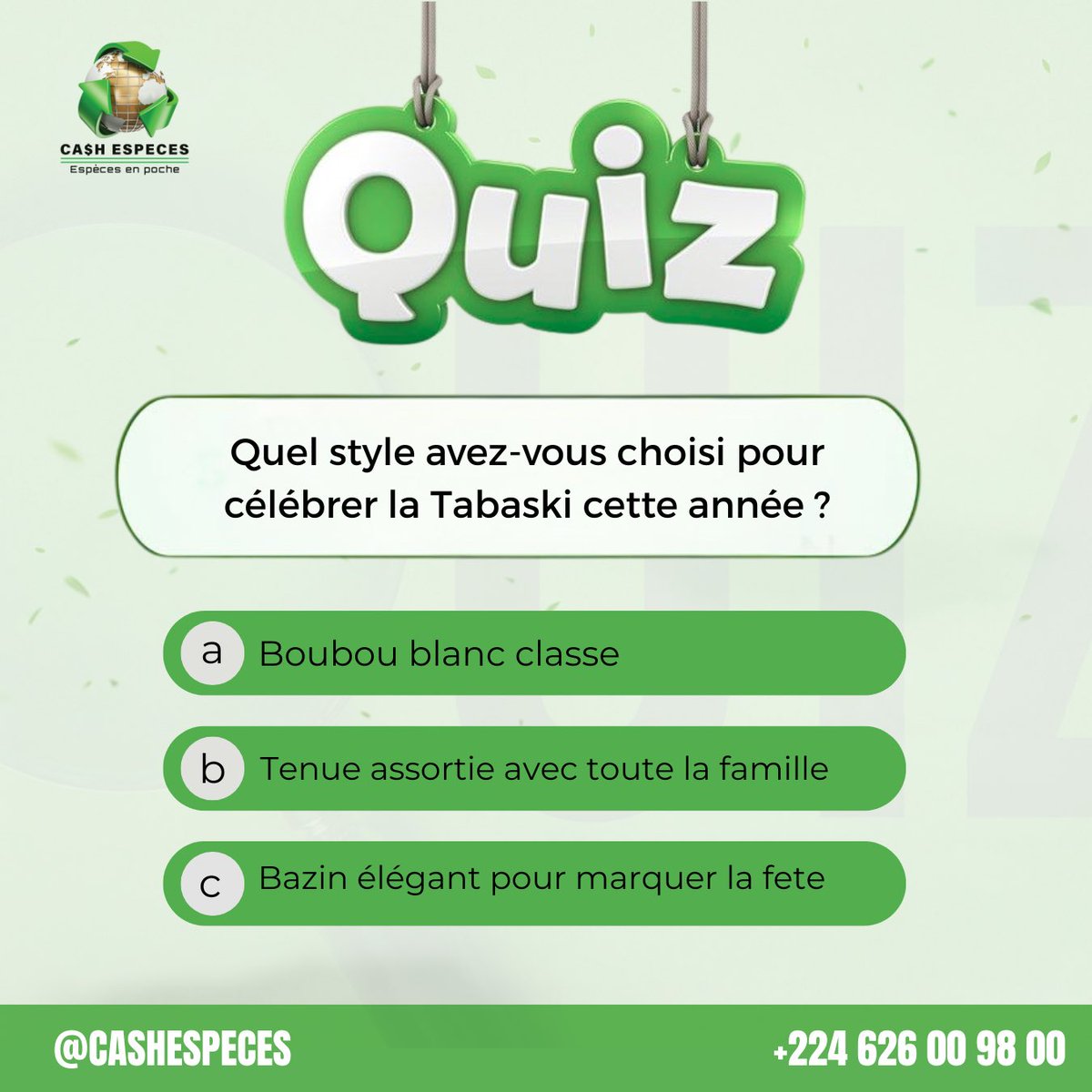 La Tabaski, c’est aussi une question de style.

Cette année, vous avez opté pour l’élégance, l’unité familiale ou la touche classique ?

Dites-nous quel look vous avez choisi pour célébrer ce moment spécial !

#CashEspeces #TransfertDargent #ChangeDevises #Guinée