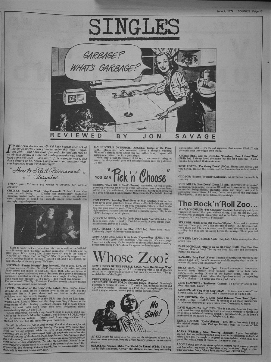 Singles reviewed by Jon Savage in Sounds 4th, June 1977 including Chelsea, Cortinas, Eater and Ian Hunter.
<a href="/JonSavage1966/">Jon Savage</a>