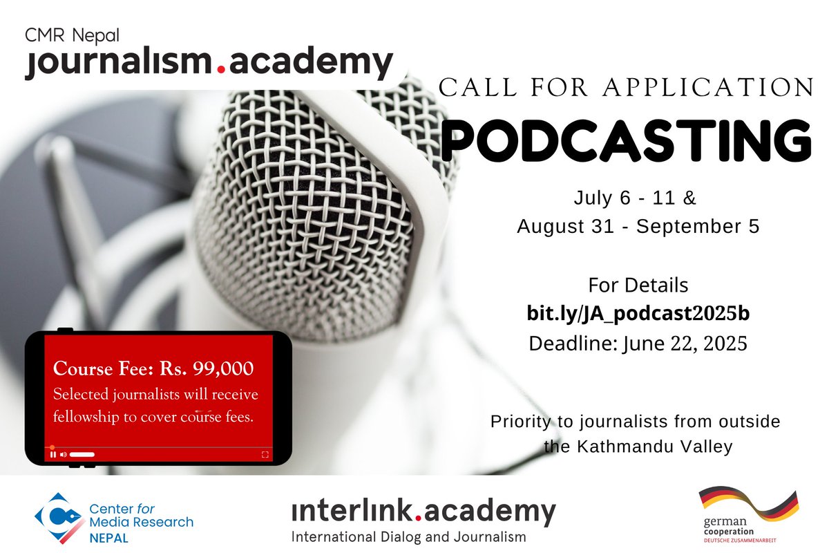 🗣️ Call for Application Open for 🎙️ #Podcasting course 2025 for journalists and communicators! More details 👉 journalism.academy/podcasting_tra…