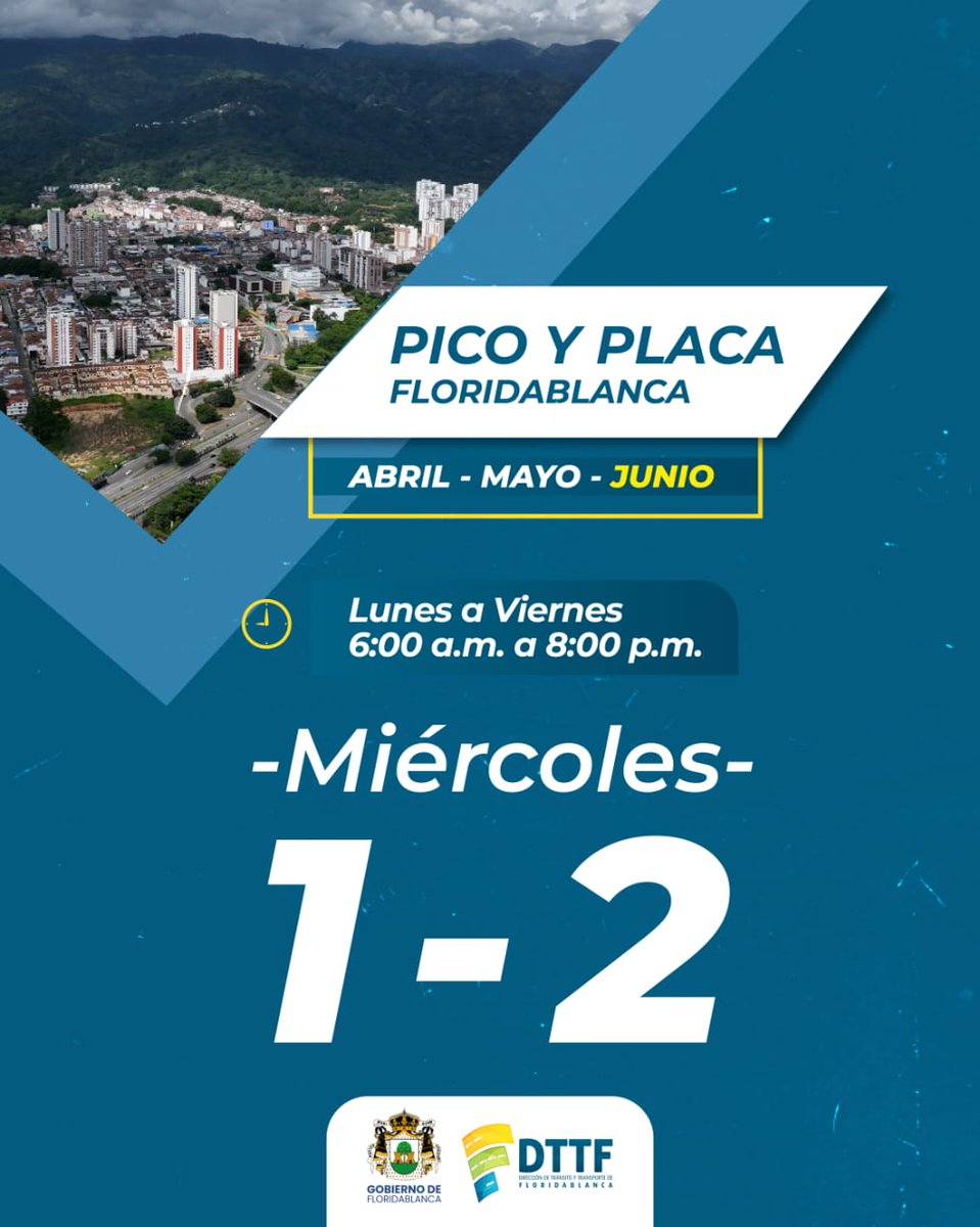 #PicoYPlacaJunio
 🚙Miércoles 4 de junio , la medida de pico y placa se aplica a los vehículos particulares cuyas placas terminan en  1 y 2. 
⏰ La restricción estará vigente desde las 6:00 am hasta las 8:00 pm