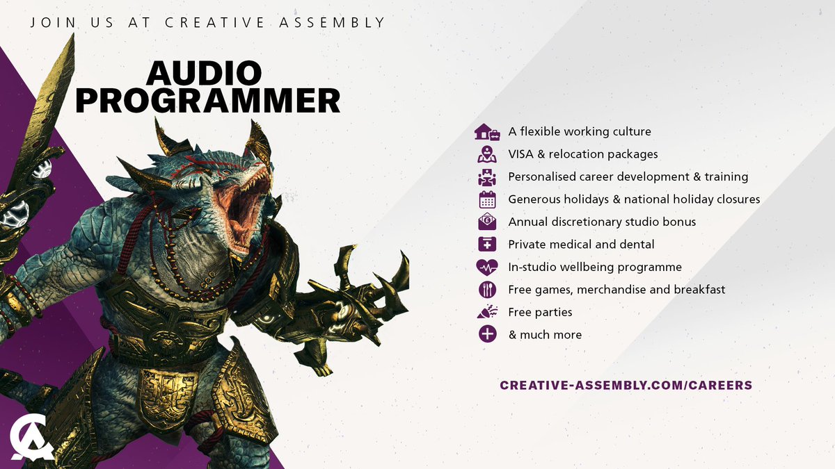 We're looking for an experienced Audio Programmer to join our team in West Sussex, UK.

You will collaborate with our dedicated team of sound designers and dialogue engineers to deliver an immersive audio experience for <a href="/totalwar/">Total War</a> titles.

creative-assembly.com/careers/view/a…