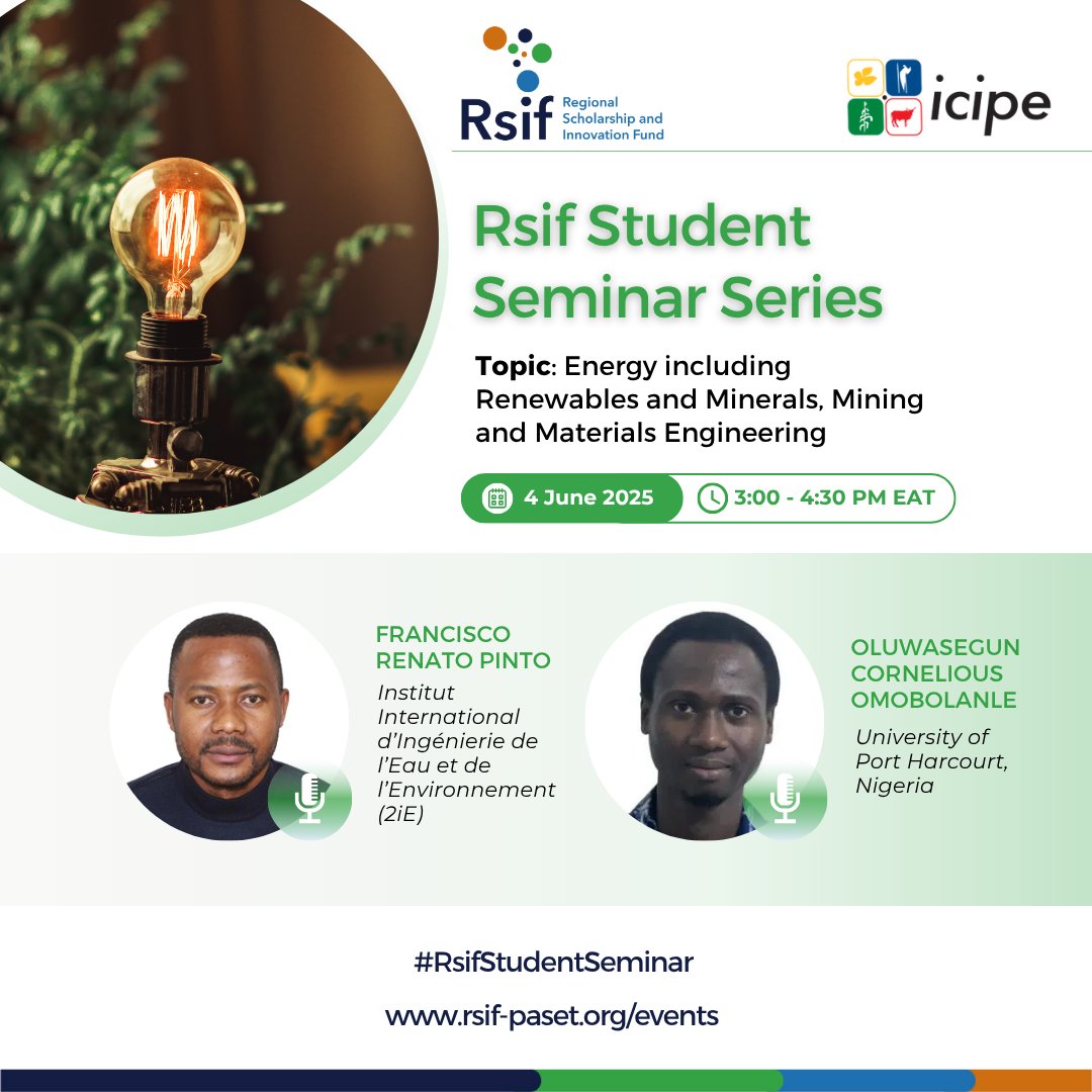 🎓 Join us for today's #RsifStudentSeminar

Hear from scholars Francisco Pinto (<a href="/Institut_2iE/">Institut 2iE</a>, Burkina Faso) &amp; Oluwasegun Omobolanle (<a href="/uniport/">UNIPORT</a> , Nigeria) in the fields of #RenewableEnergy &amp; #MaterialsEngineering 🌍💡

🔗 Register: us02web.zoom.us/meeting/regist…

#ResearchInAfrica #STEM