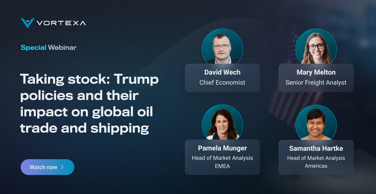 🇺🇸 Taking stock: Trump policies and their impact on global oil trade and shipping - expert analysis in Vortexa’s on-demand webinar featuring the latest global trade observations from US policies

Our Chief Economist David Wech and senior analysis experts - Samantha Hartke, Pamela