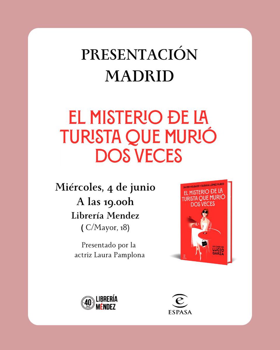 Javier Holgado (@inspectorlebrel) on Twitter photo La turista que murió dos veces se pasará hoy por <a href="/Mendezlibreria/">Librería Méndez</a> a las 19.00 para dar pistas del misterio de alguno de sus asesinatos. Allí os esperamos! <a href="/SusanaEscritora/">Susana López Rubio</a> <a href="/LauraPamplonaOf/">Laura Pamplona</a> <a href="/editorialespasa/">Editorial Espasa</a> <a href="/Planetadelibros/">PlanetadeLibros</a> La turista que murió dos veces se pasará hoy por <a href="/Mendezlibreria/">Librería Méndez</a> a las 19.00 para dar pistas del misterio de alguno de sus asesinatos. Allí os esperamos! <a href="/SusanaEscritora/">Susana López Rubio</a> <a href="/LauraPamplonaOf/">Laura Pamplona</a> <a href="/editorialespasa/">Editorial Espasa</a> <a href="/Planetadelibros/">PlanetadeLibros</a>