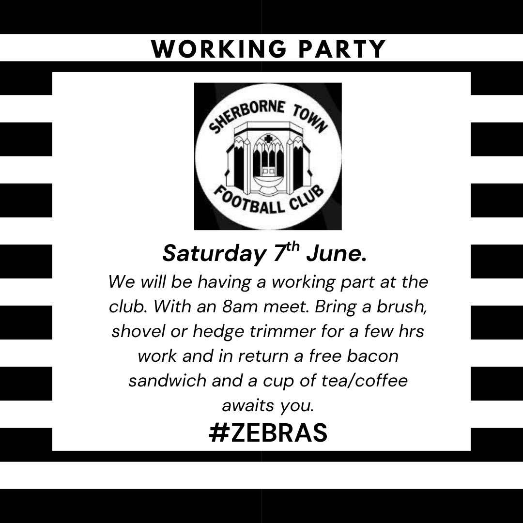Sherborne Town FC (@sherbornetownfc) on Twitter photo This Saturday 7th June we will be having g another working party, if you can spare a few hrs from 8am that would be great #Zebras #COYZ #TeamWorkMakesTheDreamWork <a href="/WessexLeague/">Velocity Wessex League</a> <a href="/swsportsnews/">South West Sports News</a> <a href="/Abbey_104/">Abbey104</a> <a href="/sherbornetimes/">Sherborne Times</a> <a href="/NonLeagueCrowd/">Non League Crowds</a> <a href="/SherborneTownCl/">Sherborne Town Council</a> This Saturday 7th June we will be having g another working party, if you can spare a few hrs from 8am that would be great #Zebras #COYZ #TeamWorkMakesTheDreamWork <a href="/WessexLeague/">Velocity Wessex League</a> <a href="/swsportsnews/">South West Sports News</a> <a href="/Abbey_104/">Abbey104</a> <a href="/sherbornetimes/">Sherborne Times</a> <a href="/NonLeagueCrowd/">Non League Crowds</a> <a href="/SherborneTownCl/">Sherborne Town Council</a>