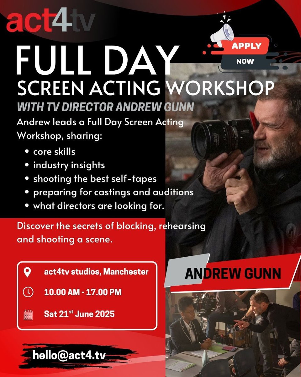 🎬 FULL DAY SCREEN ACTING WORKSHOP
with top TV Director Andrew Gunn (The Bay, Waterloo Road, Life on Mars)

📍 act4tv Manchester - Saturday 21st June
⏰ 10AM - 5PM
💴 £85.00

🔥 LIMITED PLACES - This will sell out
To apply, send your CV &amp; Spotlight link to 👉 hello@act4.tv