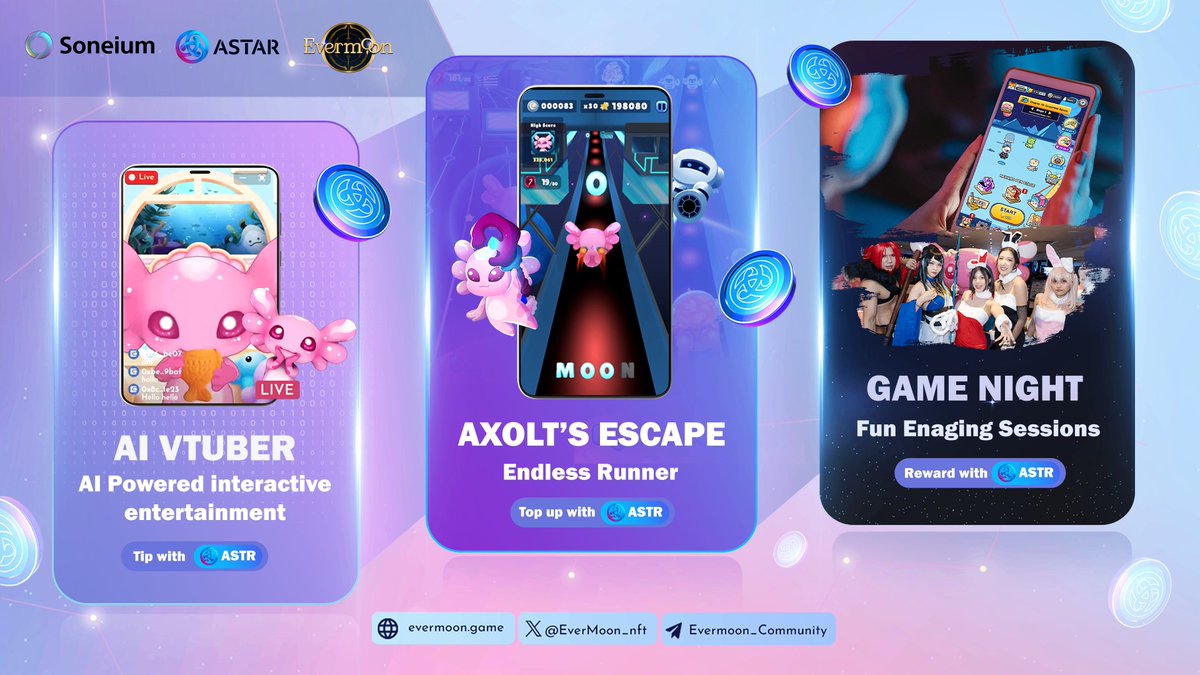 Evermoon | MOBA (@evermoon_nft) on Twitter photo Power up your Evermoon journey with $ASTR!
Real gameplay. Real perks. Real ownership.
🎮 Axolt’s Escape <a href="/Axoltsescape/">Axolt’s Escape</a> – Get 50% discount on Moon Coin top-ups with ASTR
🎤 Tip Axolt the AI VTuber – Support the cutest AI host & earn exclusive rewards
💿 Join Community Events Power up your Evermoon journey with $ASTR!
Real gameplay. Real perks. Real ownership.
🎮 Axolt’s Escape <a href="/Axoltsescape/">Axolt’s Escape</a> – Get 50% discount on Moon Coin top-ups with ASTR
🎤 Tip Axolt the AI VTuber – Support the cutest AI host & earn exclusive rewards
💿 Join Community Events