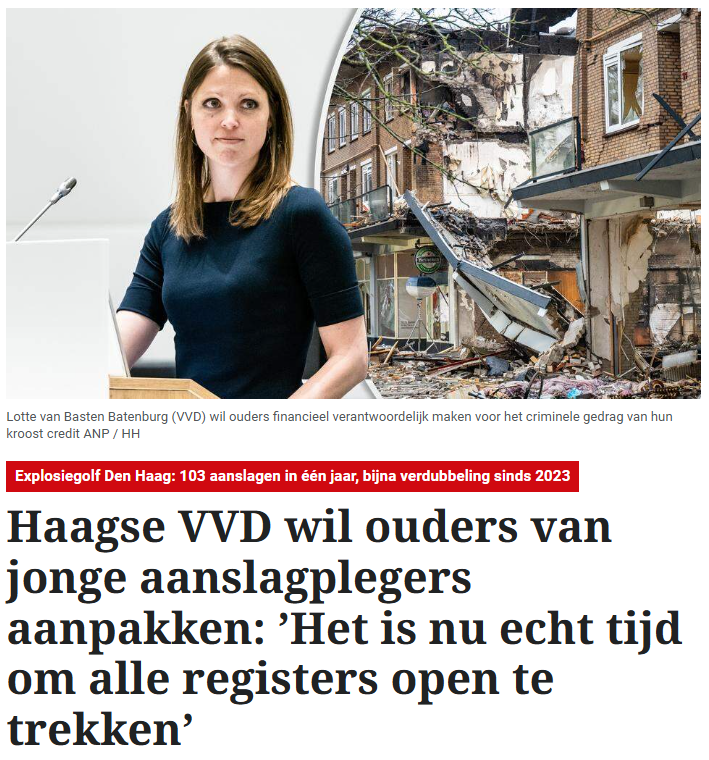 Haagse VVD wil ouders van jonge aanslagplegers aanpakken: ’Het is nu echt tijd om alle registers open te trekken’

"Wij vragen ons af, net als denk ik veel mensen, waar de ouders zijn in dit verhaal”, zegt <a href="/laevbb/">Lotte van Basten Batenburg</a> 

Lees het Telegraaf-artikel op:
telegraaf.nl/binnenland/haa…