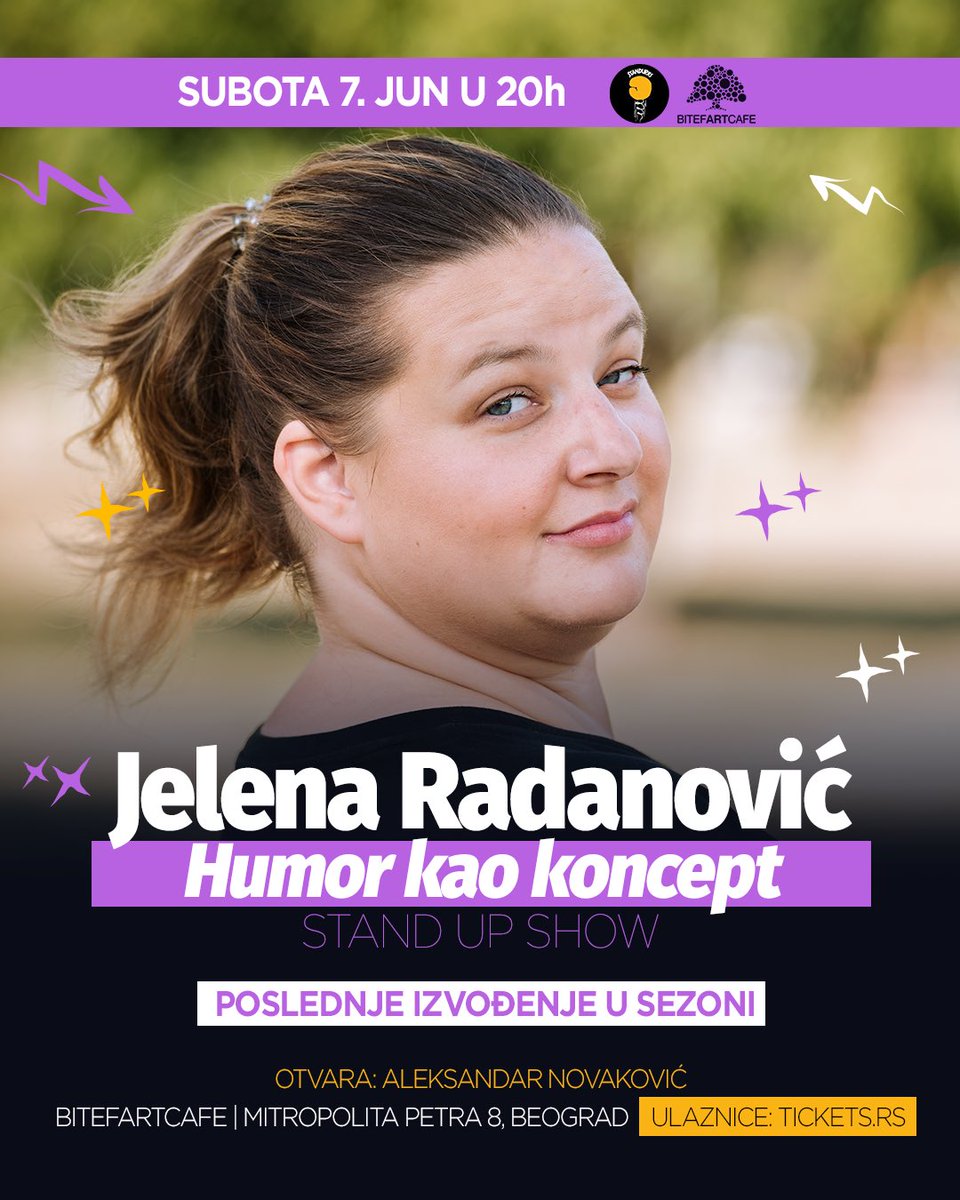 Ove subote u <a href="/BitefArtCafe/">BitefArtCafe</a> - <a href="/JelenaRadanovic/">LelaRadan</a> “Humor kao koncept” stand up show | Poslednje izvođenje u sezoni 

Ulaznice: tickets.rs/event/jelena_r…