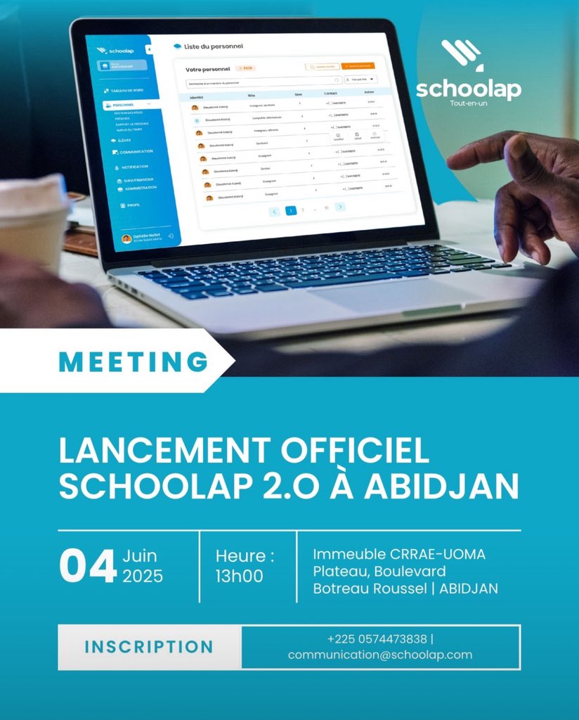 KanikPascal's tweet image. J’accompagnerai @mafinga_christo qui sera devant plus de 50 chefs d’établissements scolaires et promoteurs d’écoles d’#Abidjan aujourd’hui pour lancer la #version2 de @SCHOOLAP_  : Cette version inclut 
 les fonctionnalités pour gestionnaires d’écoles, enseignants, élèves et…