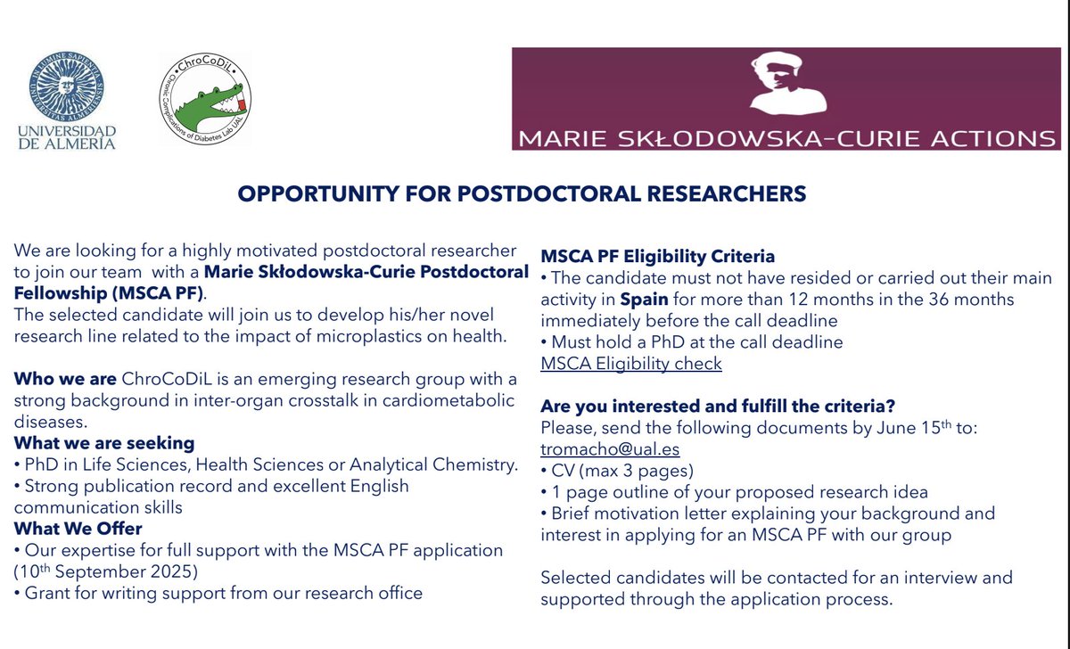 Opportunity to apply for a Marie Curie grant at <a href="/ualmeria/">Universidad de Almería</a> on the impact of microplastics on health with my colleague <a href="/T_Romacho/">Tania Romacho</a> 

Info and contact below