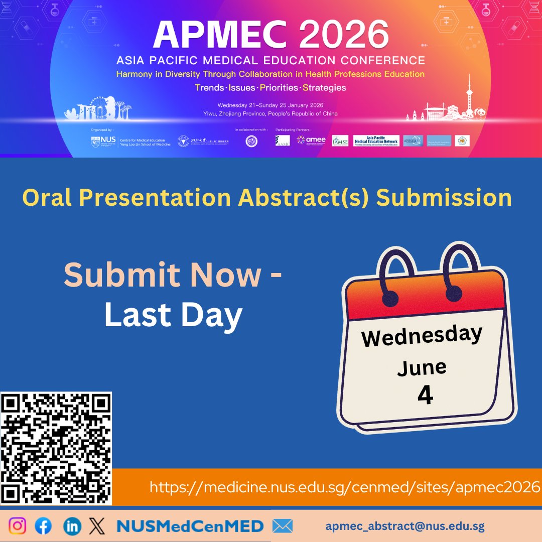 Have an interesting finding from your educational study that you would like to share with an international audience?  

Last day before #abstracts submission for #APMEC2026 ends. Submit now via the conference website: medicine.nus.edu.sg/cenmed/sites/a…