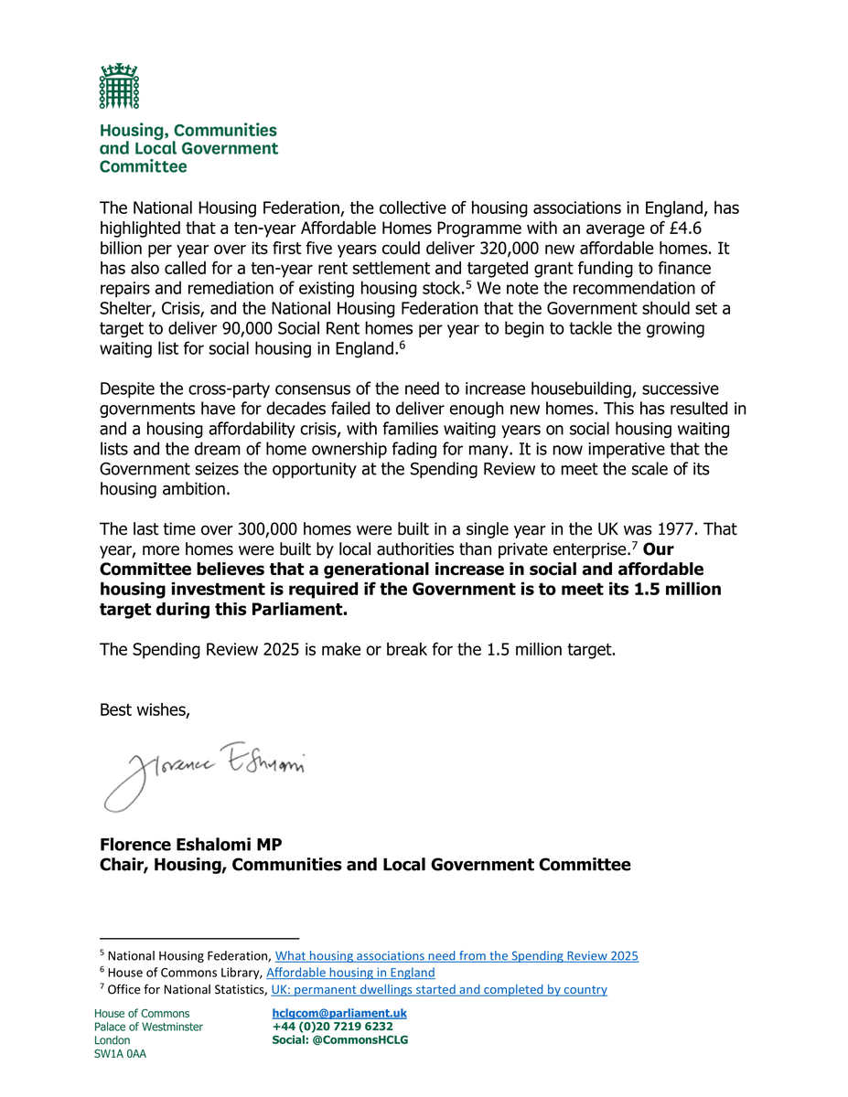 Housing, Communities & Local Government Committee (@commonshclg) on Twitter photo The Spending Review is make or break to deliver 1.5 million new homes and boost investment in social and affordable housing.
Our Chair, <a href="/FloEshalomi/">Florence Eshalomi MP</a>, has written to the Chancellor ahead of next week's announcements 👇 The Spending Review is make or break to deliver 1.5 million new homes and boost investment in social and affordable housing.
Our Chair, <a href="/FloEshalomi/">Florence Eshalomi MP</a>, has written to the Chancellor ahead of next week's announcements 👇