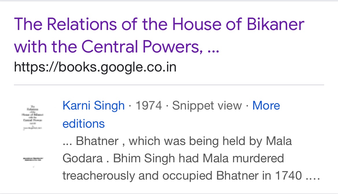 Mala Godara held Bhatner( modern Hanumangarh) till 1740 when he was treacherously deprived of it Rathore Rajputs.