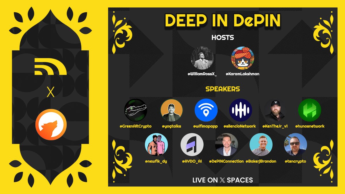 🎙️Deep In DePIN ep.21

Join <a href="/KaramLakshman/">Karam Lakshman</a> and <a href="/WilliamRossX_/">William</a> later today with a panel of big 🧠 builders and bold thinkers shaping  infra that makes crypto real:

<a href="/AYDO_AI/">AYDO</a> 
<a href="/BakerjBrandon/">Brandon Baker</a> 
<a href="/DePINConnection/">DePIN Connection</a> 
<a href="/GreenAltCrypto/">Gator Green</a> 
<a href="/hunosnetwork/">Hunos - RWA + DEPIN + AI</a> 
<a href="/KenTheJr_v1/">Ken Anderson</a> 
<a href="/newfik_dy/">newfik</a>