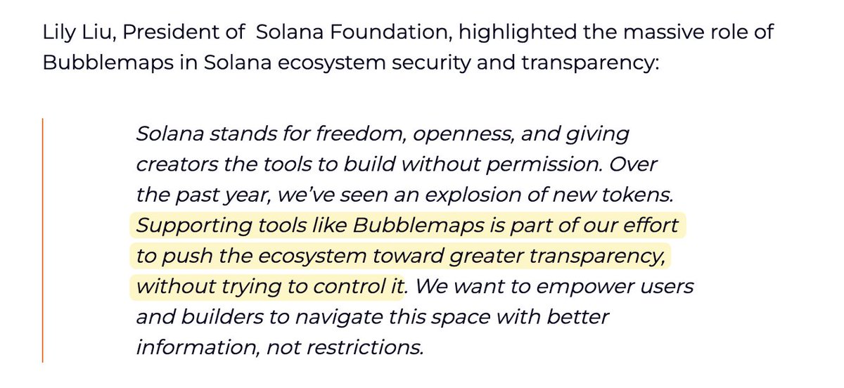 Solana won’t police creators

But it can support tools that help users decide who to trust

Bubblemaps is one of them

Transparency, without censorship

– <a href="/calilyliu/">Lily Liu</a>, President of Solana Foundation

x.com/bubblemaps/sta…
