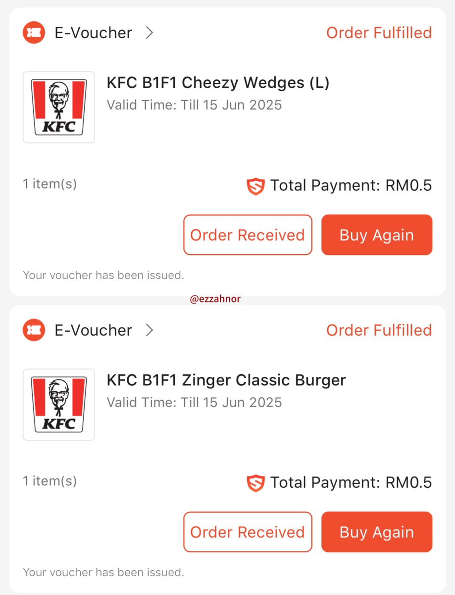 ezzahnor's tweet photo. Koranggg dah try belum beli voucher KFC BUY 1 FREE 1 0.50 SEN je?? I DAH 😍

Bukan KFC je, ada Zus, Tealive, Beutea, Gindaco, Bask Bear pun ada!

Meh i share cara nak beli voucher posen posen ni… (Jangan lupa bookmark &amp; share kat kawan!) https://t.co/Yar4DSMT6P