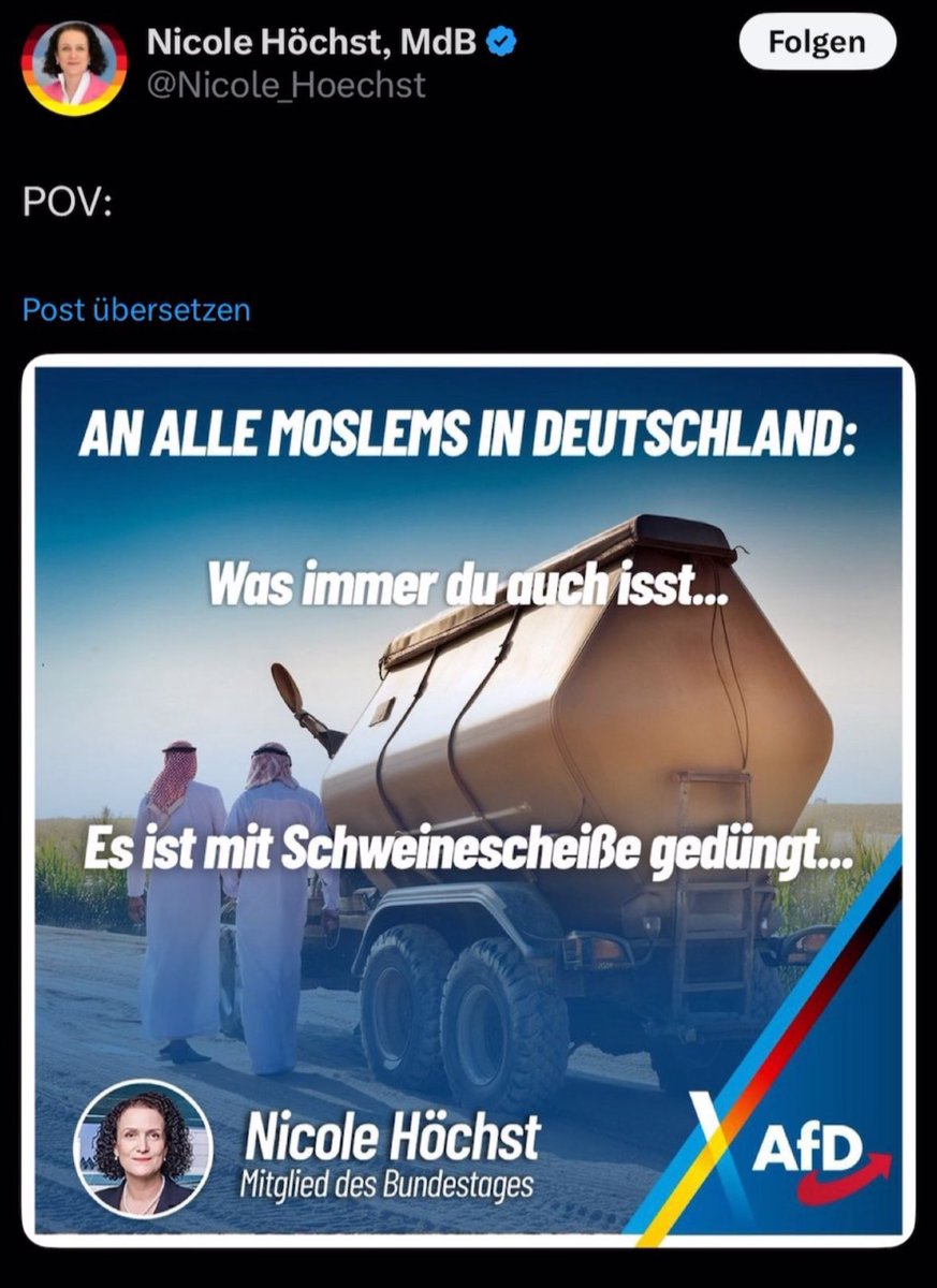 Es gibt so viel zu debattieren, kritisieren, streiten. Und dann kommen diese sehr wenig intelligenten Typen von der „AfD“ und suhlen sich in ihrer Gossensprache und in ihrem Kanalisationsdenken. Wie primitiv kann man sein? Die „AfD“ ist nicht bürgerlich, sie ist auch nicht