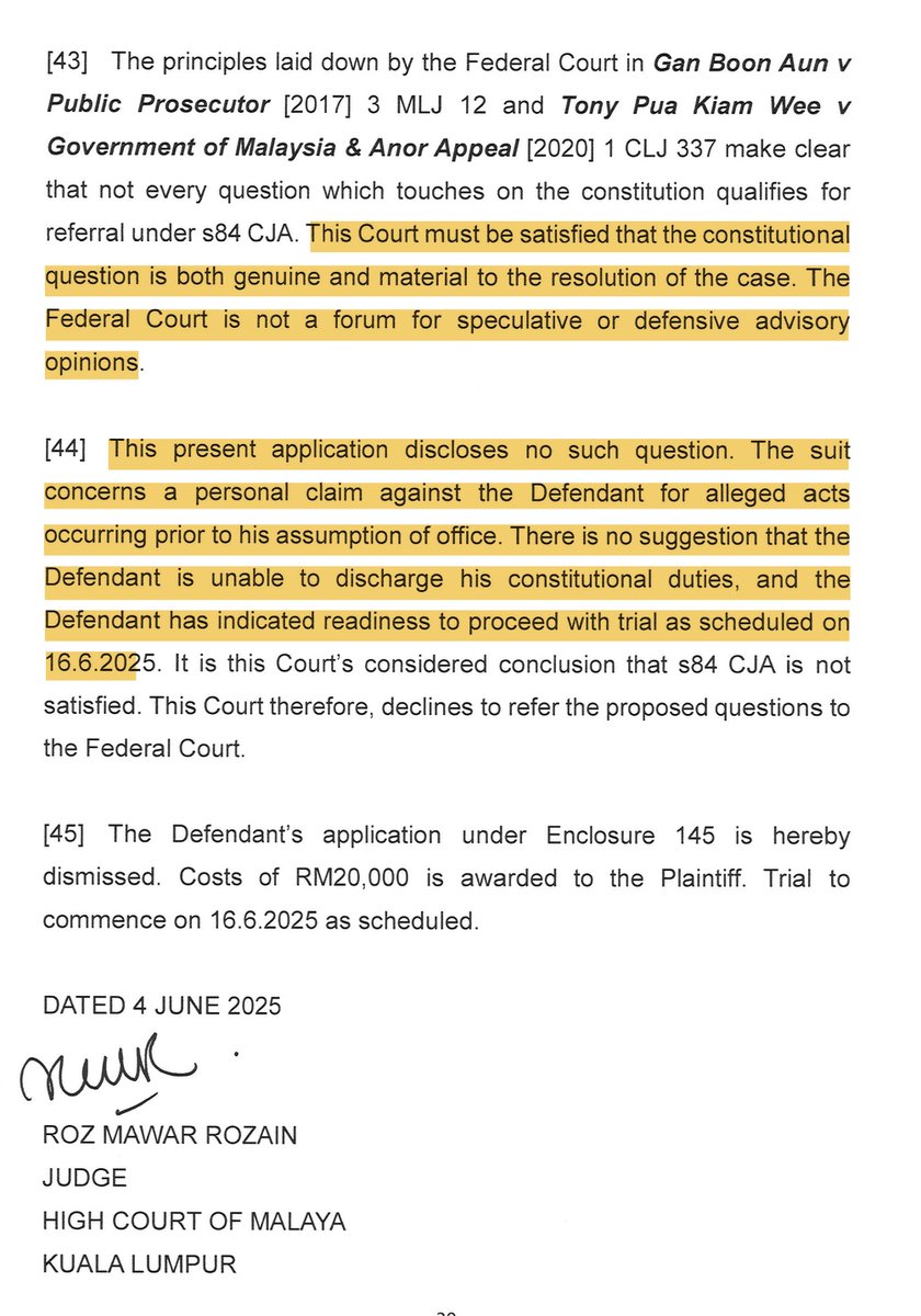 weechookeong's tweet photo. The quotable quotes of the Muhammed Yusuf Rawther v Dato' Seri Anwar Ibrahim at paras 43 & 44  of the Grounds of Judgement re referral points of law (immunity as a PM) by the High Court to the Federal Court: 

"This court must be satisfied that the constitutional question is both genuine and material to the resolution of the case. The Federal Court is not a forum for speculative or defensive advisory opinions. 

The present application discloses no such question. The suit concerns a personal claim against the Defendant for alleged acts occurring prior to his assumption of office. There is no suggestion that the Defendant is unable to discharge  his constitutional duties, and the Defendant has indicated readiness to proceed with trial as scheduled on 16.6.2025." 

#YusufRawther #AnwarIbrahim #Immunity #Madani #SexualAssault