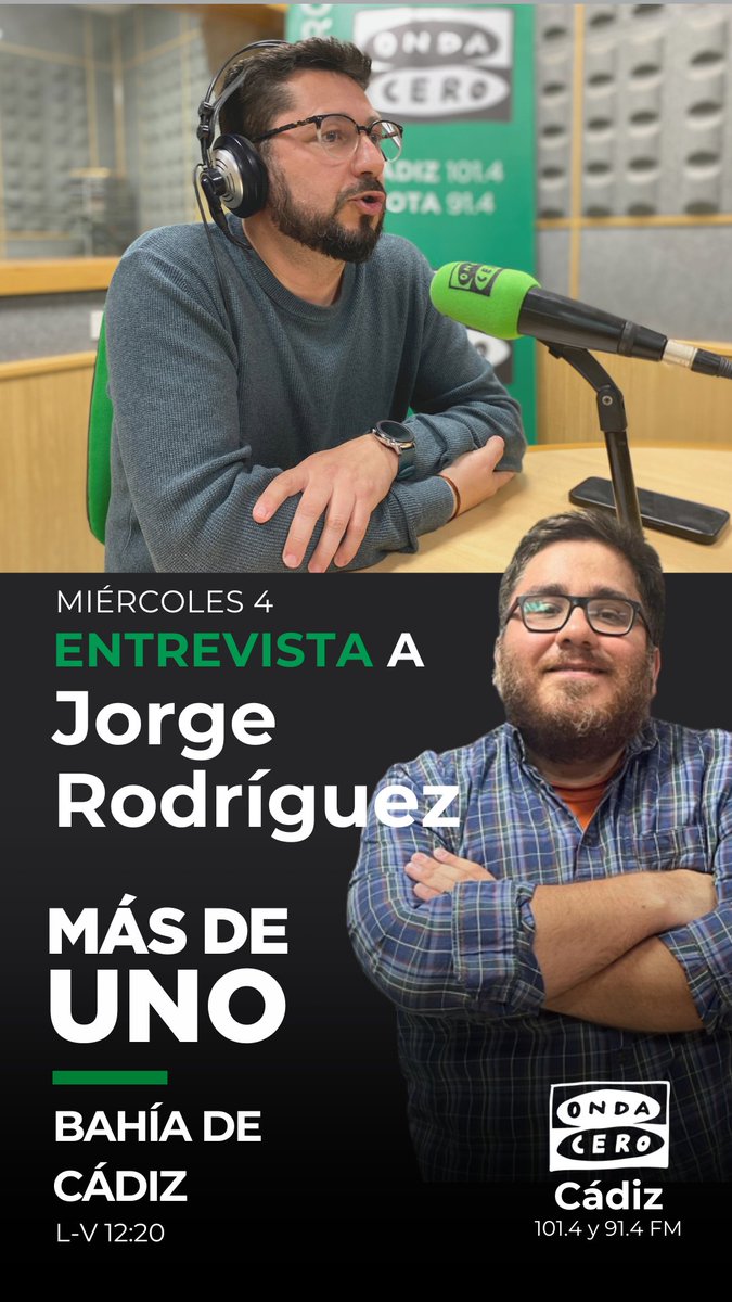 Onda Cero Cádiz - Rota (@ondacerocadiz) on Twitter photo A las 12h20 recibimos en @masdeunobahia a <a href="/JorgeRguezPerez/">JorgeRguezTrebujena🔻</a>, coordinador provincial de <a href="/iucadiz/">IU Cádiz🔻🇵🇸</a>.
En @masdeunobahia con <a href="/jaimealvarez/">Jaime Alvarez M.</a> en <a href="/ondacerocadiz/">Onda Cero Cádiz - Rota</a>.
101.4 y 91.4 FM A las 12h20 recibimos en @masdeunobahia a <a href="/JorgeRguezPerez/">JorgeRguezTrebujena🔻</a>, coordinador provincial de <a href="/iucadiz/">IU Cádiz🔻🇵🇸</a>.
En @masdeunobahia con <a href="/jaimealvarez/">Jaime Alvarez M.</a> en <a href="/ondacerocadiz/">Onda Cero Cádiz - Rota</a>.
101.4 y 91.4 FM