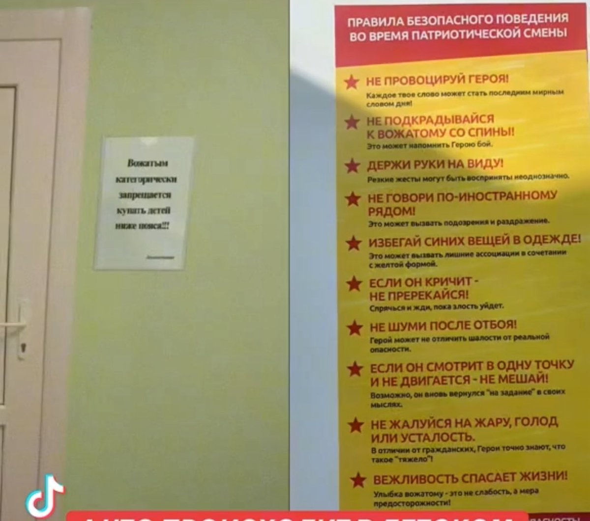 Россия, 2025. 
Детский лагерь «Страна Героев» с бывшими СВО-шниками.

– Не подходи к вожатому сзади
– Не говори на английском
– Не носи синий

А главное — вожатым ЗАПРЕЩЕНО МЫТЬ ДЕТЕЙ НИЖЕ ПОЯСА

Всё нормально, мы в аду.