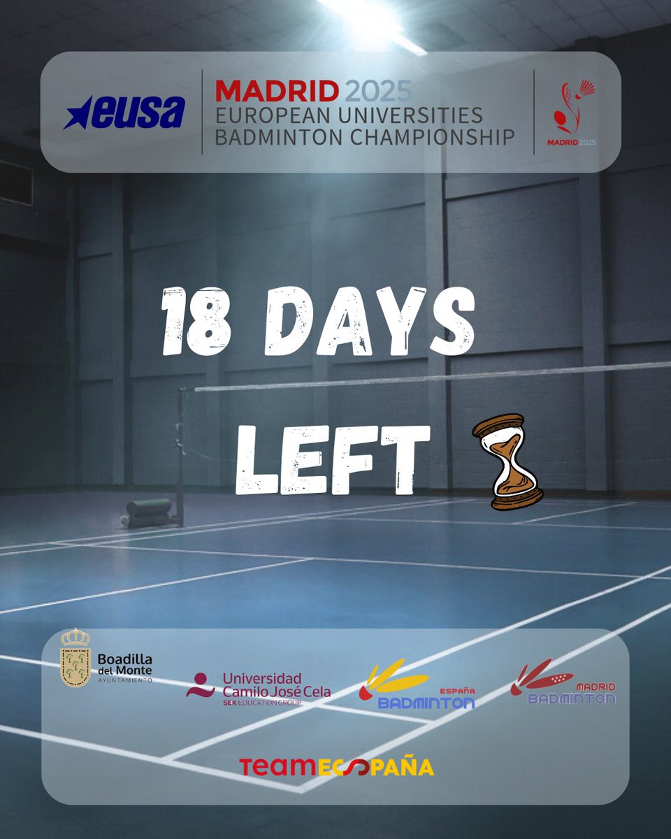 ⏳ 18 days to go

Just 18 days until one of the most anticipated university sports events of the year 🏸🌍

From June 22 to 28, UCJC will host student-athletes from across Europe, competing at the highest level

The countdown has begun…

#EUCbadminton2025 #UCJC#Countdown