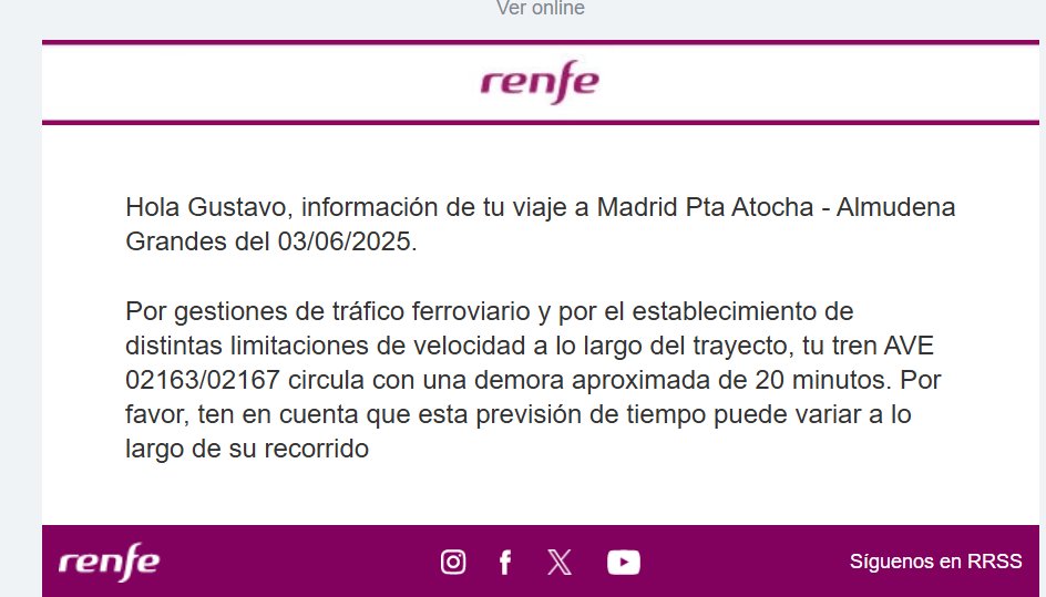 Me acaba de llegar un email informándome de que el AVE en el que viajo desde Málaga a Madrid llegará 20 minutos tarde.
El email me llega 17 horas después de que el AVE llegara a Madrid.

JAJAJAJAJAJAJAJAJAJAJAJAJAJAJAJAJAJAJAJAJAJAJAJAJAJAJAJAJAJAJAJAJAJAJAJAJAJAJAJAJAJAJAJAJAJA