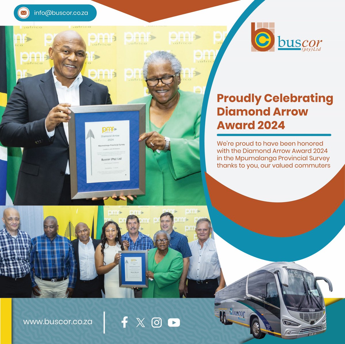 We’re proud to have been honored with the Diamond Arrow Award 2024 in the Mpumalanga Provincial Survey , thanks to you, our valued commuters!
#awardwinningtransport #BuscorPride #transportleaders #AwardWinningBusiness
