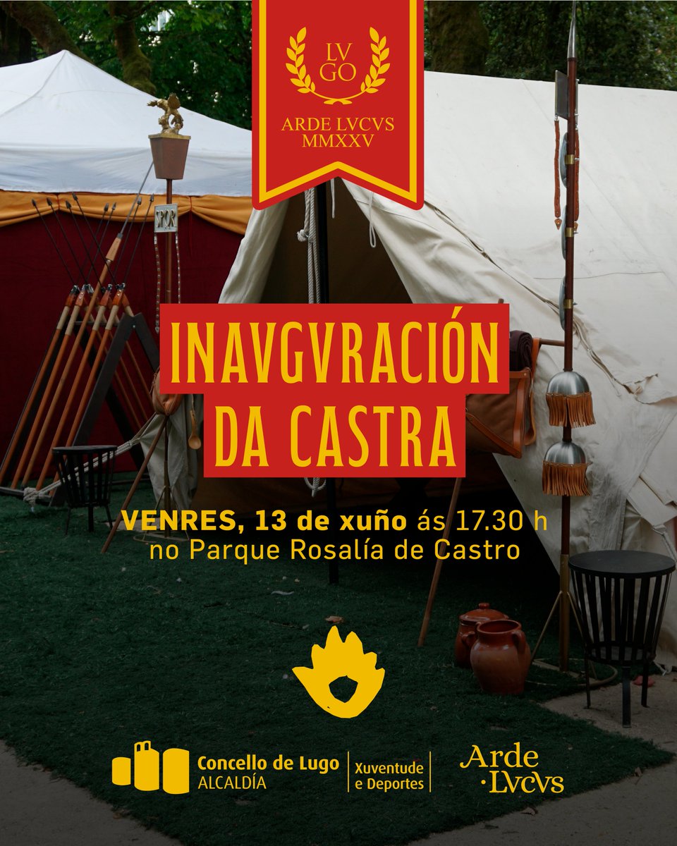 ardelucus's tweet photo. 🛖🏛️ VENRES: Inauguración da Castra de Lvcvs Avgvsti
🕰️ 13 de xuño ás 17.30 horas
📍 Parque Rosalía de Castro
#ArdeLvcvs2025 #Castra
🛖🏛️ VIERNES: Inauguración de la Castra de Lvcvs Avgvsti
#ArdeLvcvs
🛖🏛️ FRIDAY: Inauguration of the Castra of Lvcvs Avgvsti https://t.co/Phw04FftZX