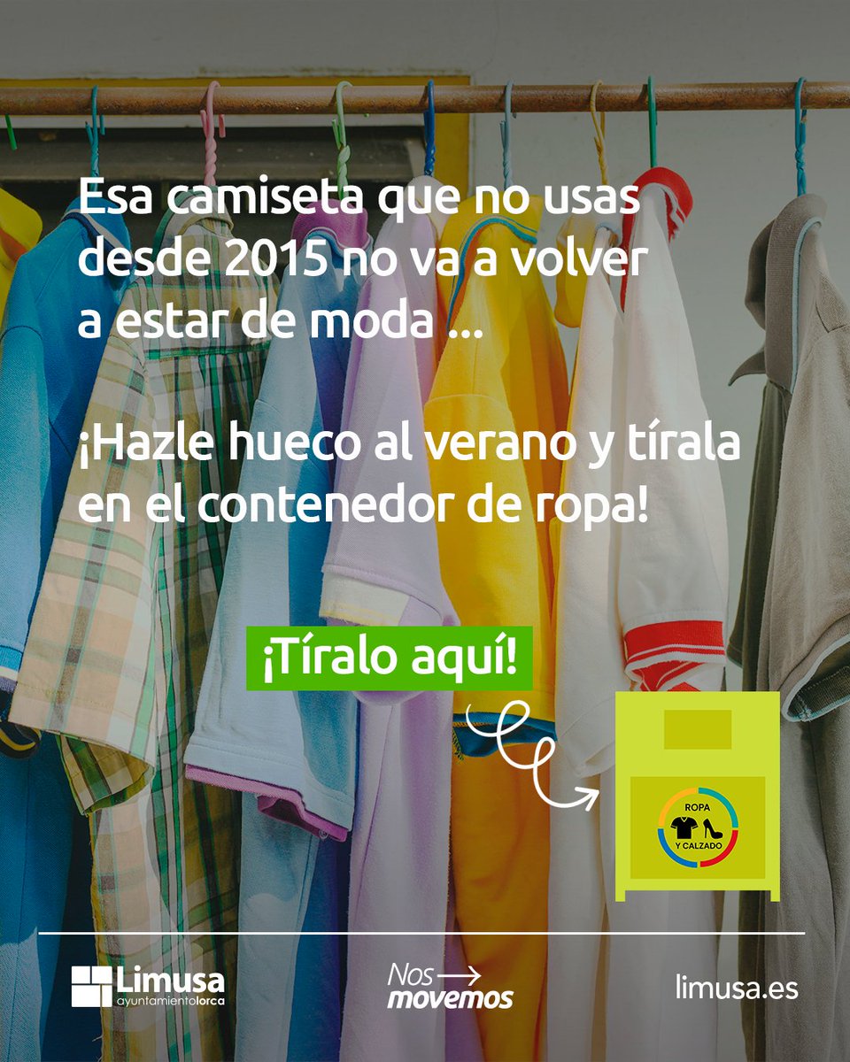 🧥➡️👕 ¡Cambio de armario a la vista!
¿Tienes ropa que ya no usas y sabes que no vas a volver a usar (aunque aún tengas fe en que “algún día”)? 😅

👉 Deposítala en el contenedor de ropa usada, no en la basura.
♻️ ¡Recicla con responsabilidad!