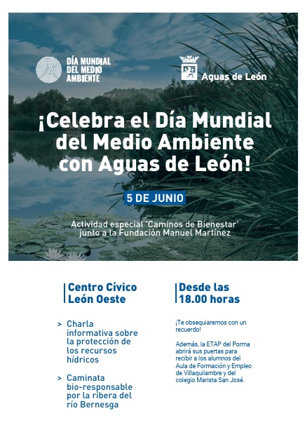 AguasdeLeon's tweet photo. ¡Mañana celebramos el #DíaMundialdelMedioAmbiente y queremos que tú lo celebres con nosotros! 💚

Te esperamos desde las 18.00 horas en el CC León Oeste para que asistas a una charla sobre la protección del agua y, a continuación, haremos una caminata por la ribera del Bernesga https://t.co/doyVPxRB1y