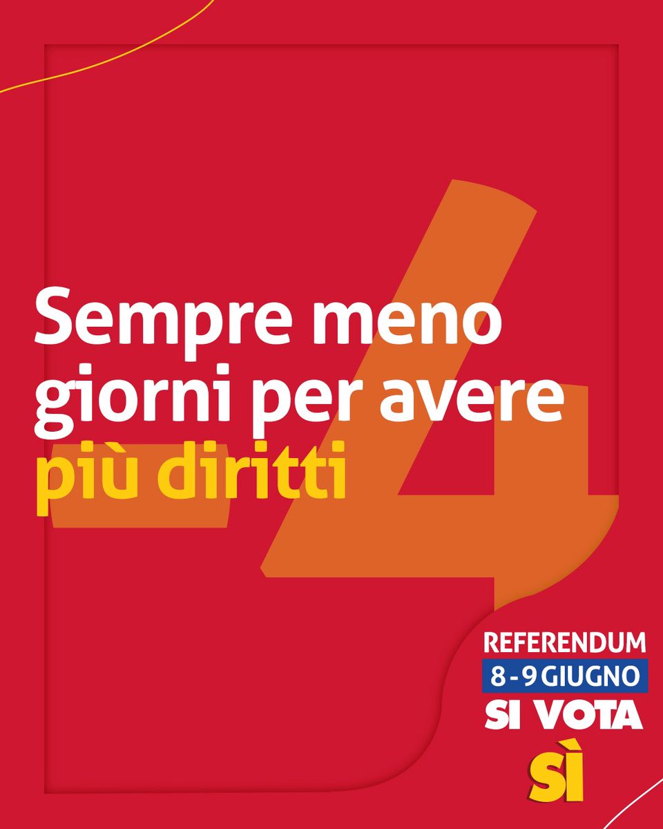 Sempre meno giorni per avere più diritti.
 
Mancano solo 4 giorni al #Referendum2025
 
L’8 e 9 giugno fai sentire la tua voce!
 
#insiemeperilreferendum #Lavoro #Diritti #Cittadinanza #CGIL