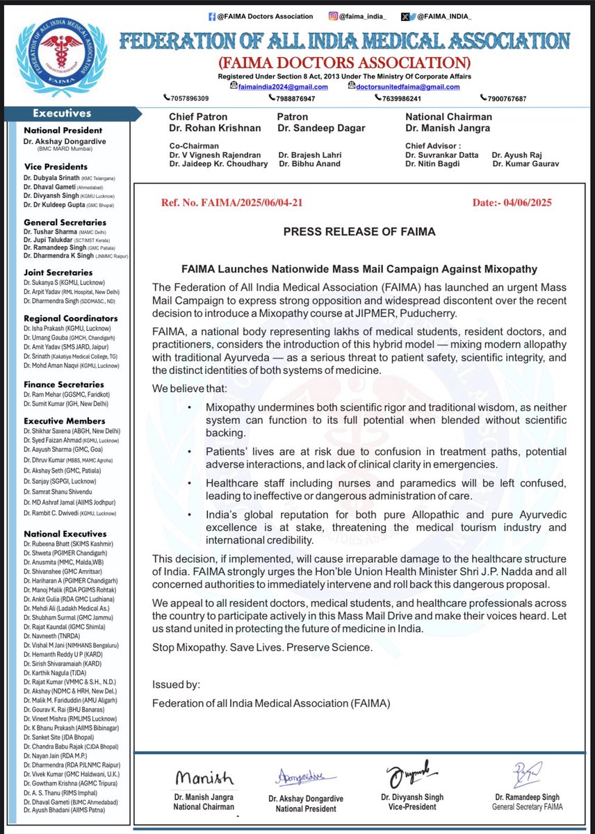 FAIMA Doctors Association (@faima_india_) on Twitter photo India is known for scientific excellence & rich Ayurvedic heritage — but not for confusion. #Notomixopathy #Faima
FAIMA opposes JIPMER’s Mixopathy . It risks patient lives & our global medical standing. <a href="/MoHFW_INDIA/">Ministry of Health</a> <a href="/JPNadda/">Jagat Prakash Nadda</a> India is known for scientific excellence & rich Ayurvedic heritage — but not for confusion. #Notomixopathy #Faima
FAIMA opposes JIPMER’s Mixopathy . It risks patient lives & our global medical standing. <a href="/MoHFW_INDIA/">Ministry of Health</a> <a href="/JPNadda/">Jagat Prakash Nadda</a>