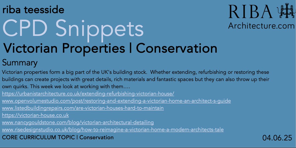 RIBA Tees (@ribatees) on Twitter photo This week #CPDSnippets looks at #Conservation
links
urbanistarchitecture.co.uk/extending-refu…
openvolumestudio.com/post/restoring…
listedbuildingrepairs.com/are-victorian-…
victorian-house.co.uk
nancygouldstone.com/blog/victorian…
risedesignstudio.co.uk/blog/how-to-re…
<a href="/RIBA/">Royal Institute of British Architects</a>NE @RIBA @YAPF <a href="/RIBAYorkshire/">RIBA Yorkshire</a> <a href="/RIBANorth/">RIBA North</a> #architect #architecture This week #CPDSnippets looks at #Conservation
links
urbanistarchitecture.co.uk/extending-refu…
openvolumestudio.com/post/restoring…
listedbuildingrepairs.com/are-victorian-…
victorian-house.co.uk
nancygouldstone.com/blog/victorian…
risedesignstudio.co.uk/blog/how-to-re…
<a href="/RIBA/">Royal Institute of British Architects</a>NE @RIBA @YAPF <a href="/RIBAYorkshire/">RIBA Yorkshire</a> <a href="/RIBANorth/">RIBA North</a> #architect #architecture