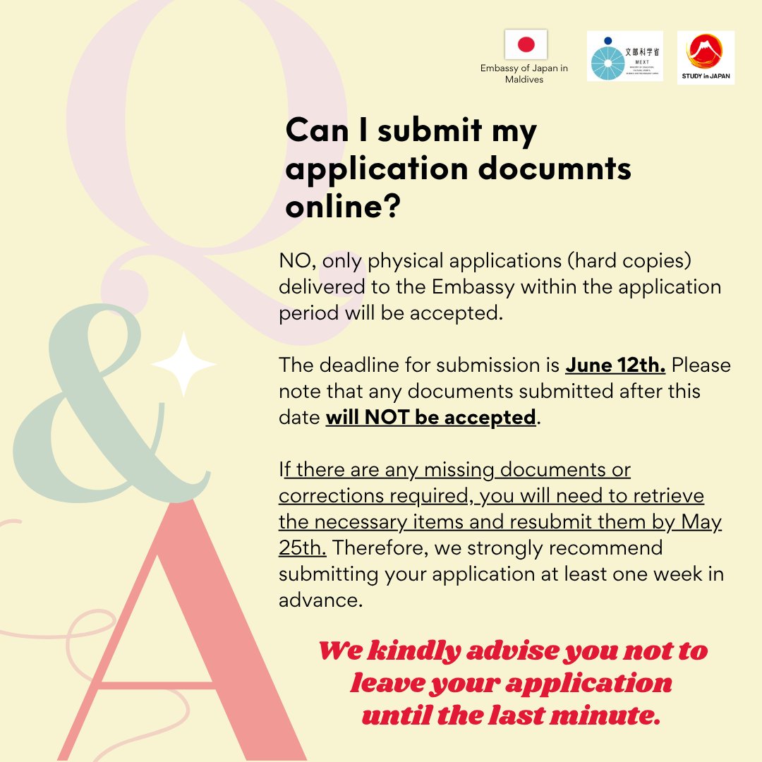 Embassy of Japan in Maldives (@japaninmaldives) on Twitter photo 📣🇯🇵#MEXTScholarship Applications for Research Students(MA or PhD) is still accepting!🎓
Don’t miss out on this chance to make your dreams a reality!💫
🗓️ Deadline: Jun 12, 4:00pm
For inquiry📩culturemale@mo.mofa.go.jp
Apply now👉
mv.emb-japan.go.jp/itpr_ja/11_000… 📣🇯🇵#MEXTScholarship Applications for Research Students(MA or PhD) is still accepting!🎓
Don’t miss out on this chance to make your dreams a reality!💫
🗓️ Deadline: Jun 12, 4:00pm
For inquiry📩culturemale@mo.mofa.go.jp
Apply now👉
mv.emb-japan.go.jp/itpr_ja/11_000…