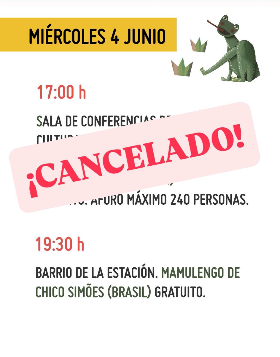 ‼️Cancelada la conferencia de esta tarde de Enrique Murria por motivos personales del conferenciante. 

¡Nos vemos esta tarde con Chico Simoes! 🐸