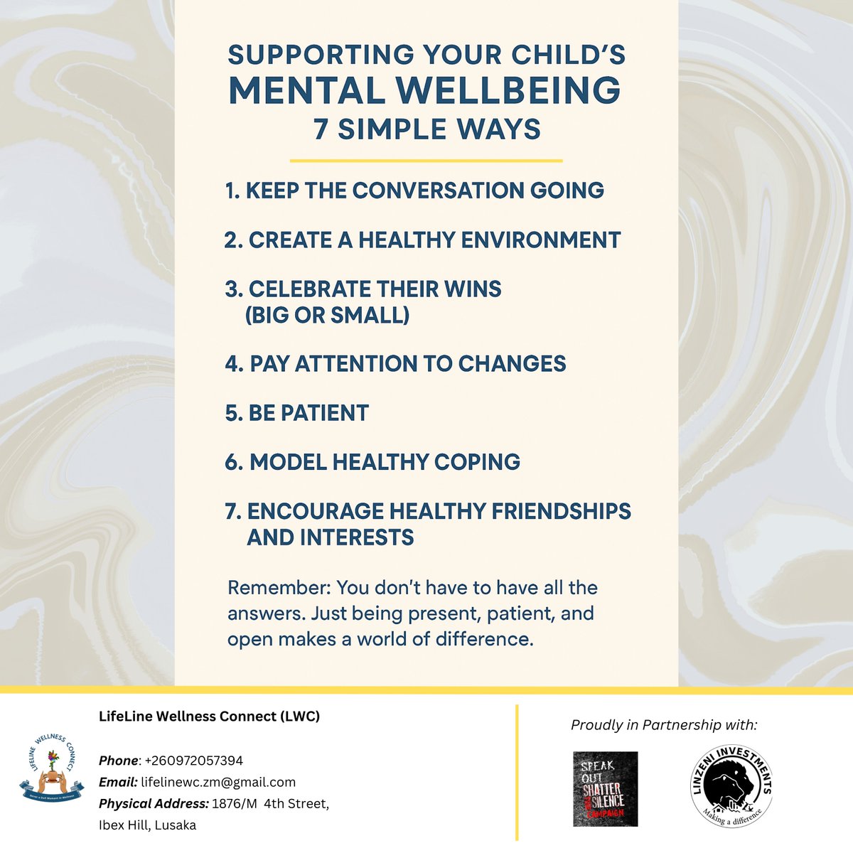 Lifeline Wellness Connect (@lifelinewc_zm) on Twitter photo ๐โจ ๐ฆ๐๐ฝ๐ฝ๐ผ๐ฟ๐๐ถ๐ป๐ด ๐ฌ๐ผ๐๐ฟ ๐๐ต๐ถ๐น๐ฑโ๐ ๐ ๐ฒ๐ป๐๐ฎ๐น ๐ช๐ฒ๐น๐น๐ฏ๐ฒ๐ถ๐ป๐ด
As a parent/ guardian, you play a huge role in shaping how your child sees themselves & the world around them. Being present & building a healthy relationship makes a world of difference.
#Family ๐โจ ๐ฆ๐๐ฝ๐ฝ๐ผ๐ฟ๐๐ถ๐ป๐ด ๐ฌ๐ผ๐๐ฟ ๐๐ต๐ถ๐น๐ฑโ๐ ๐ ๐ฒ๐ป๐๐ฎ๐น ๐ช๐ฒ๐น๐น๐ฏ๐ฒ๐ถ๐ป๐ด
As a parent/ guardian, you play a huge role in shaping how your child sees themselves & the world around them. Being present & building a healthy relationship makes a world of difference.
#Family