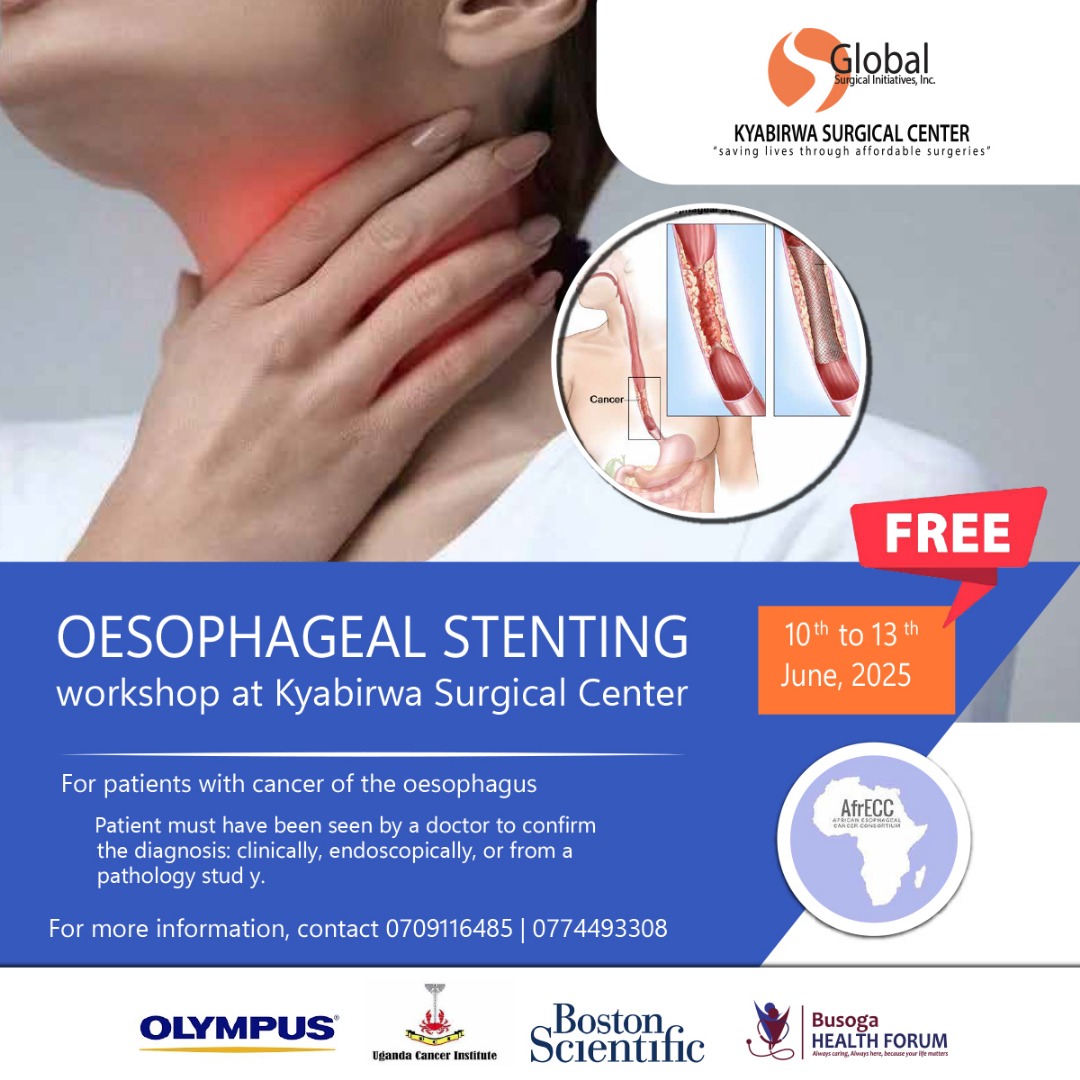 🚨 Upcoming Oesophageal Stenting Workshop 🚨
With leading specialists &amp; healthcare professionals as we explore the latest techniques and best practices in oesophageal stenting.
10th–13th June 2025, at Kyabirwa Surgical Center
#MedicalWorkshop #OesophagealStenting