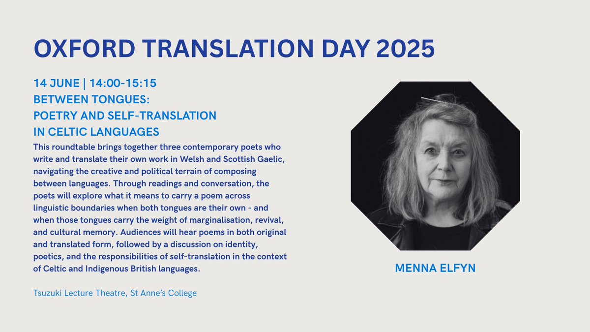 OCCT (@oxfordcct) on Twitter photo We are joined by Menna Elfyn, award-winning Welsh poet and playwright. She's President of Wales PEN Cymru (<a href="/PENWalesCymru/">Wales PEN Cymru</a>), first woman Professor of Poetry in Wales, Professor Emerita at <a href="/UWTSD/">University of Wales Trinity Saint David</a>), and Welsh Children’s Poet Laureate (2002).
Register here: shorturl.at/ldqYS We are joined by Menna Elfyn, award-winning Welsh poet and playwright. She's President of Wales PEN Cymru (<a href="/PENWalesCymru/">Wales PEN Cymru</a>), first woman Professor of Poetry in Wales, Professor Emerita at <a href="/UWTSD/">University of Wales Trinity Saint David</a>), and Welsh Children’s Poet Laureate (2002).
Register here: shorturl.at/ldqYS
