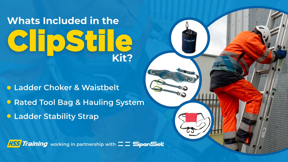 Experience unparalleled safety and efficiency with ClipStile. Our kit includes a stability strap, choker lanyard, waistbelt, and tool bag hauling system to ensure three points of contact and to secure tools. Get your kit today: hsstraining.com/course/clipsti…