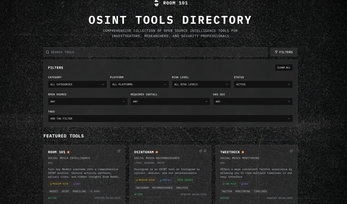 R00M 101 OSINT Tools Directory

113 + tools (now focused in #socmint)

For social media intelligence, archiving, automation, downloading, monitoring, scraping, searching and more.

r00m101.com/tools

Creator <a href="/101R00M/">R00M 101</a>