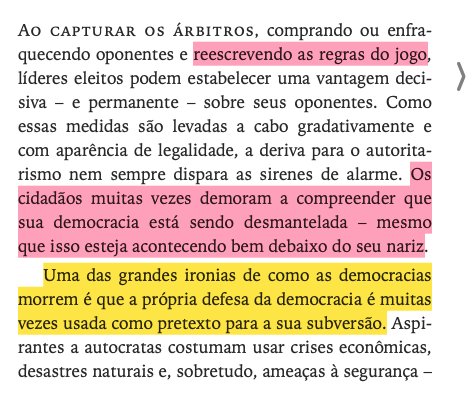 5/5 Reescrever as regras do jogo é um processo gradual e quase sempre embrulhado na retórica que é necessário "salvar a democracia" — tudo isto está presente no programa eleitoral do Chega.

E Levitsky e Ziblatt explicam muito bem: