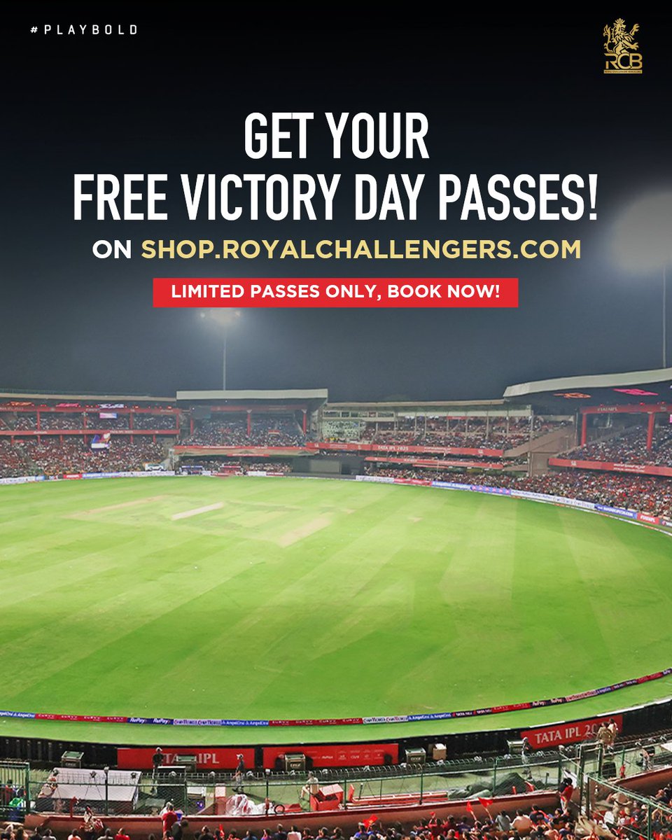 🚨 RCB Victory Parade: Today at 5 pm IST. ‼️

Victory Parade will be followed by celebrations at the Chinnaswamy stadium. 

We request all fans to follow guidelines set by police and other authorities, so that everyone can enjoy the roadshow peacefully. 

Free passes (limited